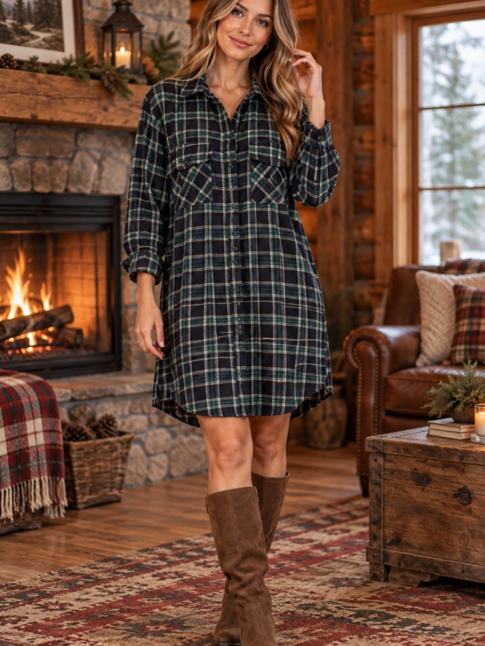 Flannel button down shirt dress plaid L pockets cabin core preppy fall/winter